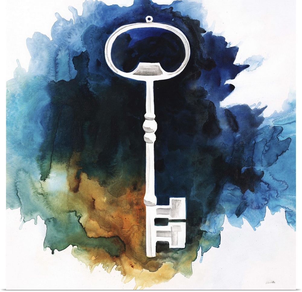 Contemporary abstract painting of an old white skeleton key against a background of vibrant watercolor-like tones.