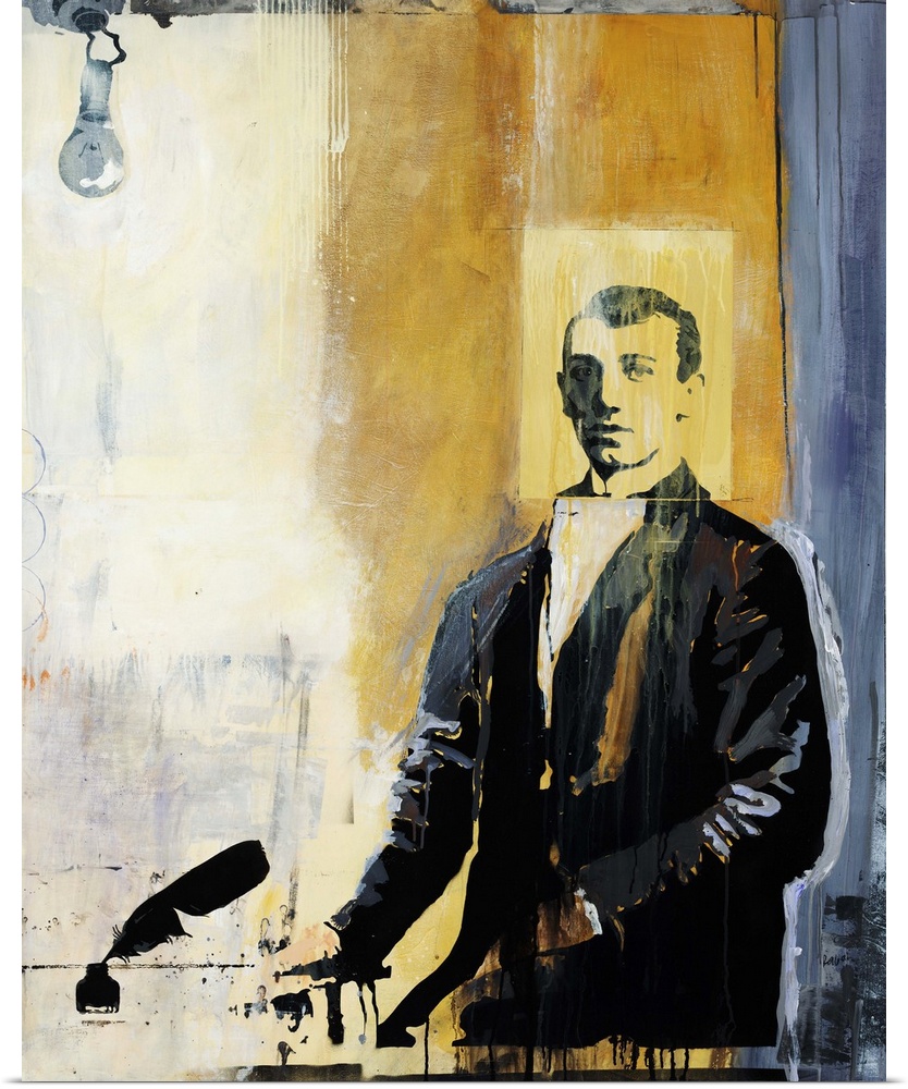 Figurative painting of a man in a jacket, standing at a table next to a feathered pen and bottle of ink.  A single lightbu...