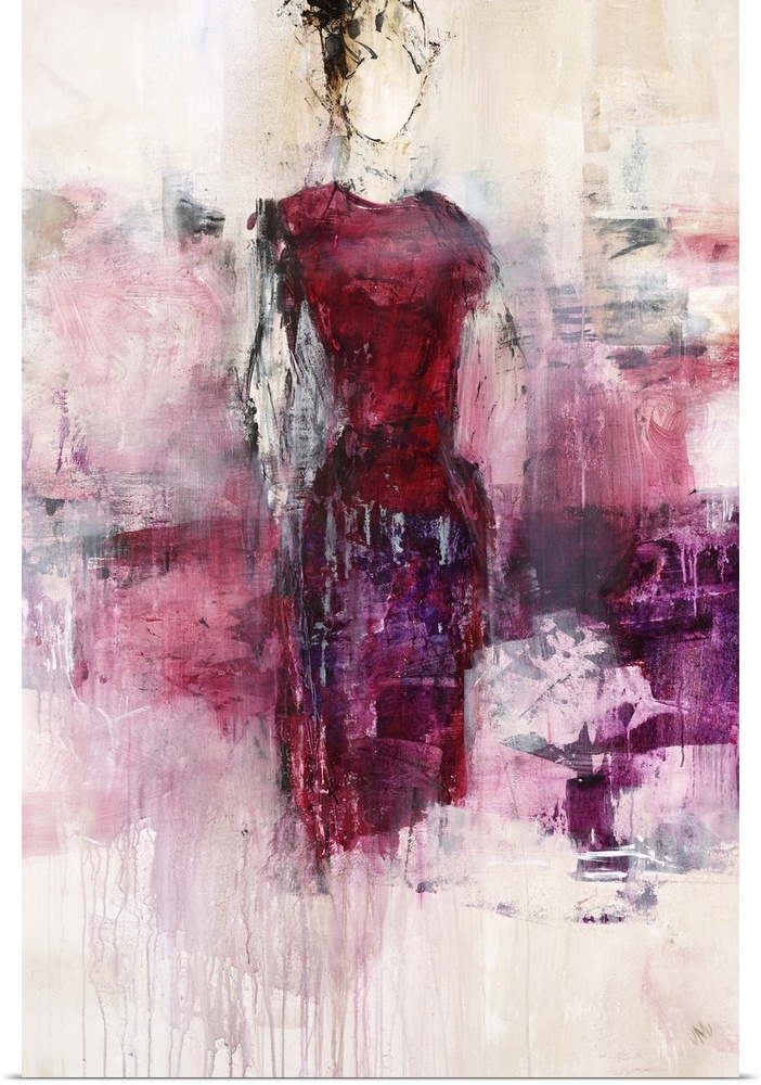 Contemporary figurative painting of a woman wearing a purple dress surrounded by an ethereal smokey purple haze.