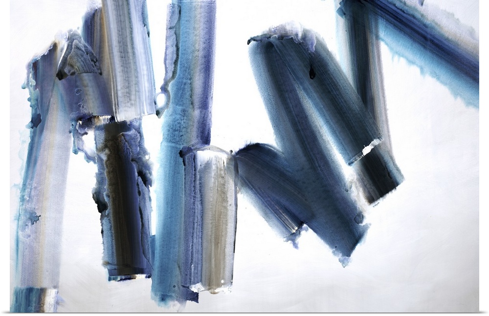 Abstract painting of bold, large brush strokes of blue, in zigzag shapes.