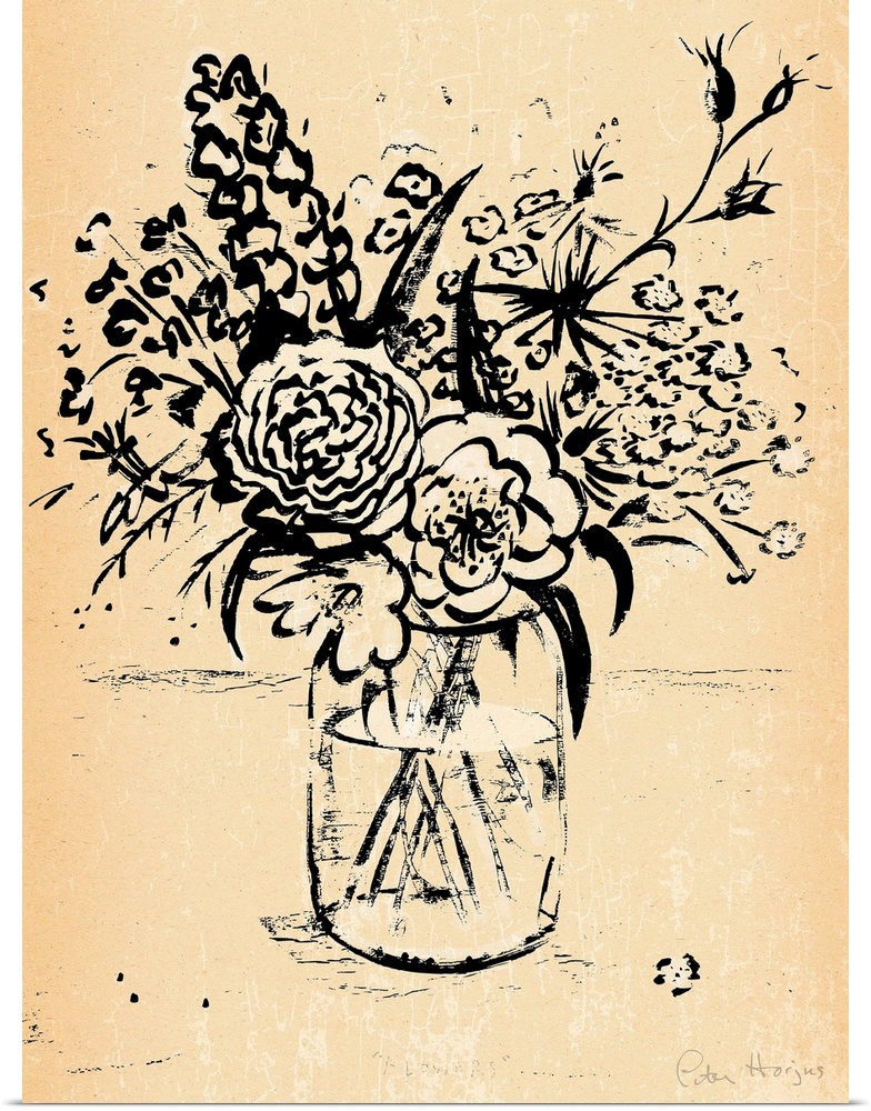 1940's vintage style wall art of a bouquet of flowers illustrated in black ink wash on distressed sepia paper.