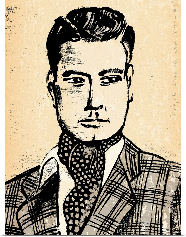1940's vintage wall art black ink brush illustration on sepia background of a dapper man with fashion coat and ascot.