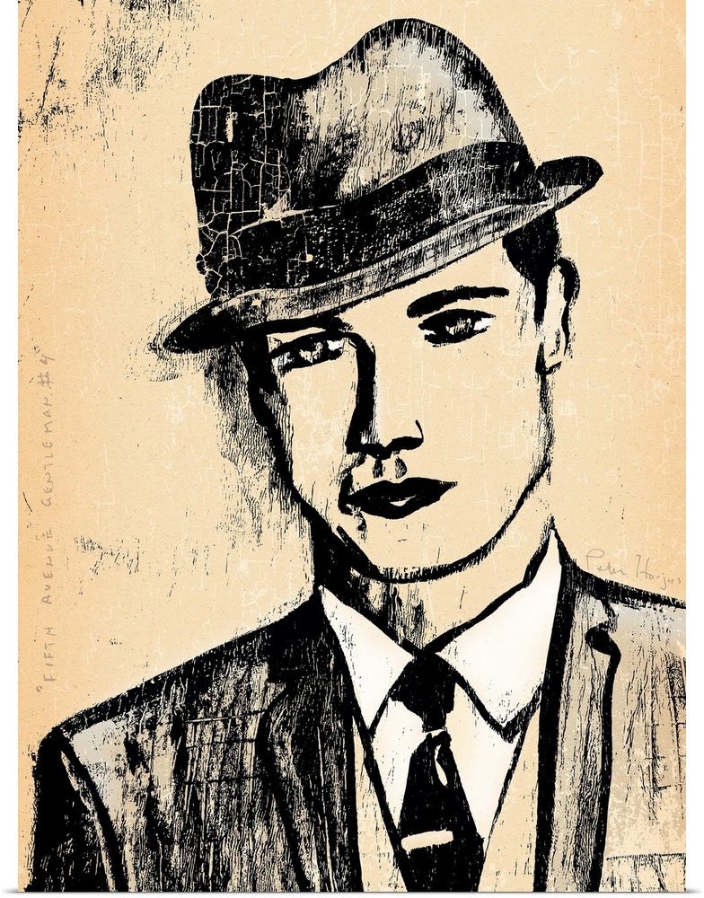 1940's vintage wall art black ink brush illustration on sepia background of a dapper gangster man wearing a fedora hat.