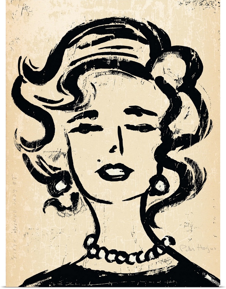 1940's vintage wall art black ink brush illustration on sepia background of the head and shoulders of a fashionable woman.