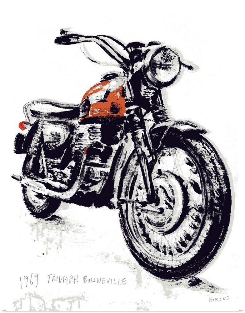 Ink brush artwork illustration of a vintage classic motorcycle.