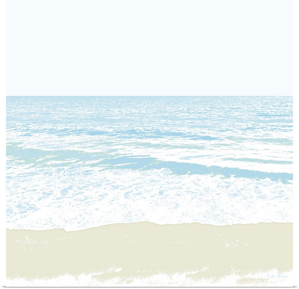 A simple graphic of a peaceful ocean beach with small waves and gleaming sand in the foreground.
