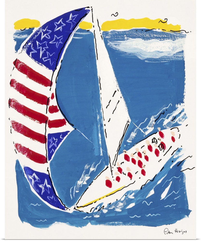 Pen and Ink illustration of America's Cup sailboat with huge spinnaker sail from a bird's eye view.