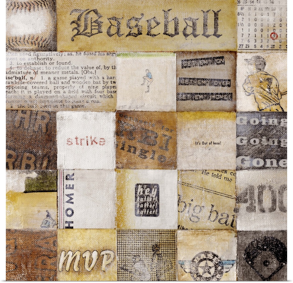 Distressed collage of retro baseball images, terms and sayings in a checkerboard pattern.