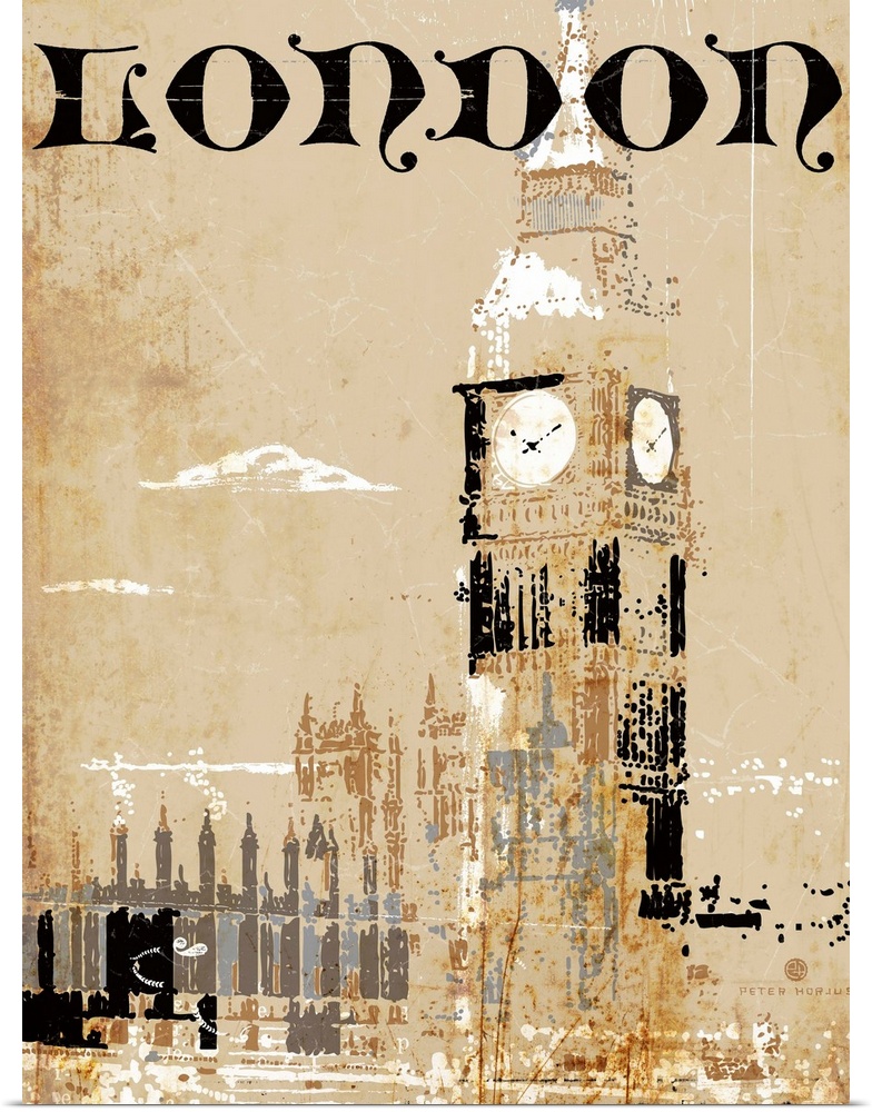 Big Ben in London during the day with the hustle and bustle of the city depicted in the rust background with the typograph...