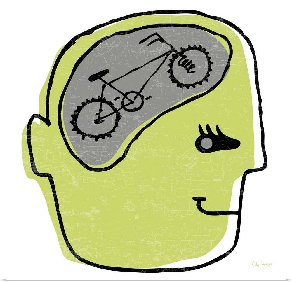 Line drawing of a persons head with a bike inside of his brain called bike on the Brain.