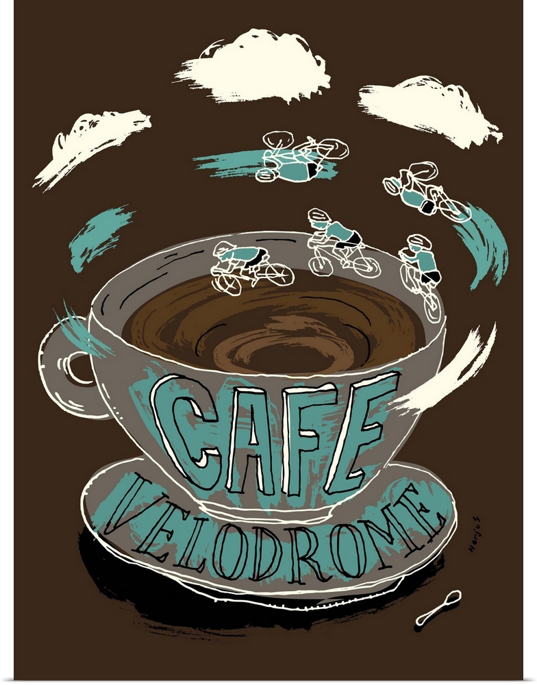 A few cyclists on bikes riding on the inside of coffee cup called Cafe Velodrome.