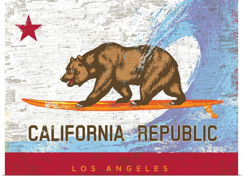 Wall art of the California state bear flag with the bear surfing on a surfboard with wave behind and city name of Los Ange...