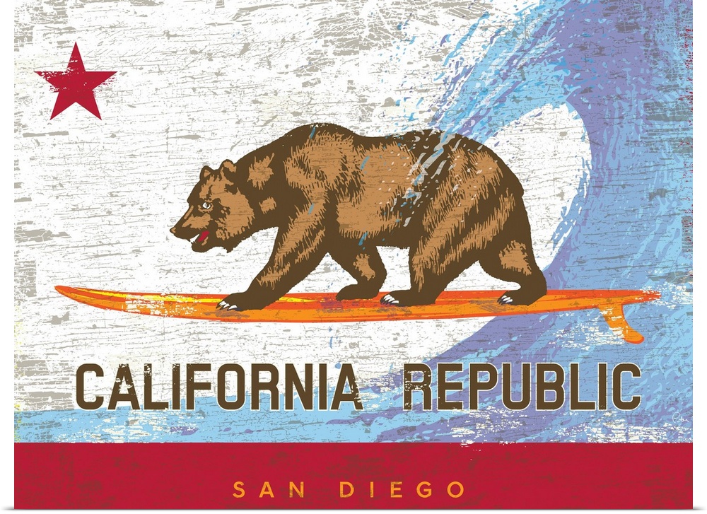 Wall art of the California state bear flag with the bear surfing on a surfboard with wave behind and city name of San Dieg...