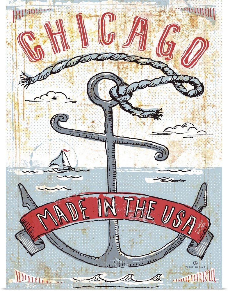Illustrated vintage, worn, and rusty artwork of Chicago's seaport harbor, with an anchor and a ribbon that says made in th...