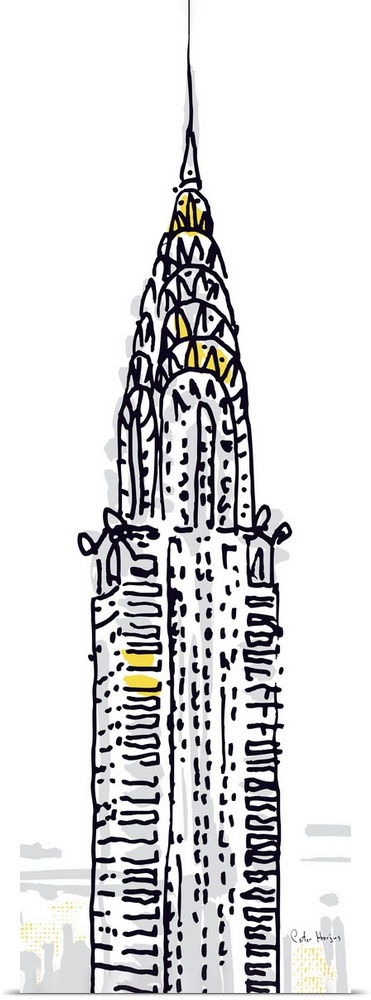 Pen and ink illustration of the top of the Chrysler Building in New York City.