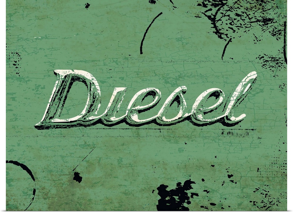 Graphic rusty wall art of distressed typography with the the word DIESEL large and in center on a green background.