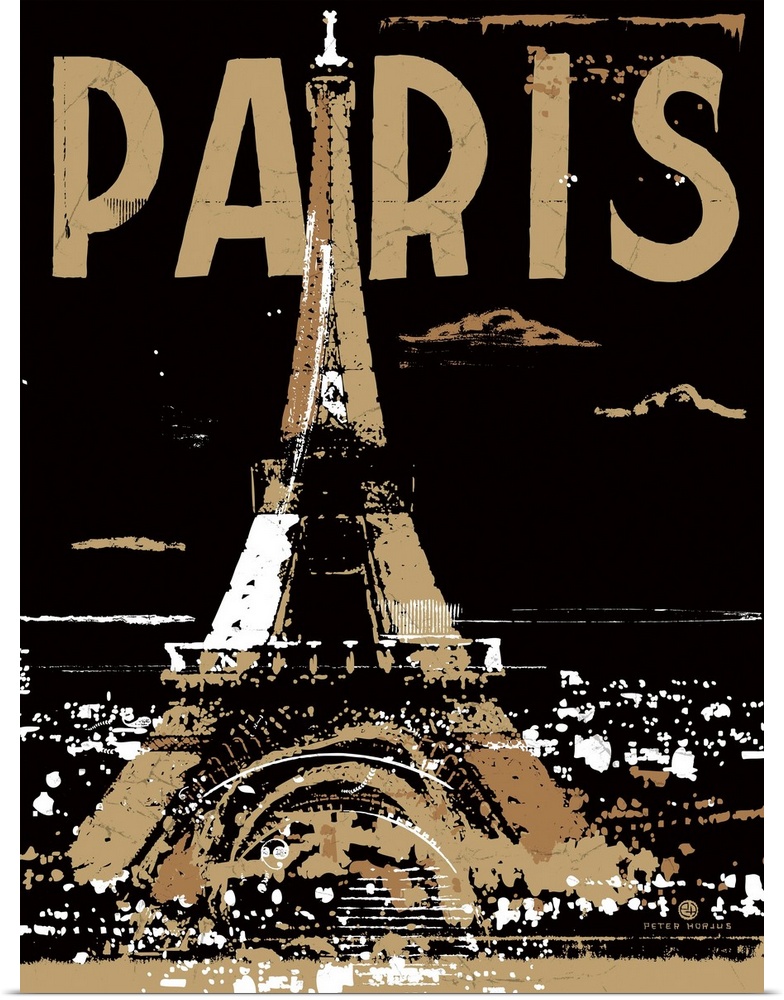 The Eiffel Tower at night, shining bright with the city aglow on black background with the word Paris written at top.