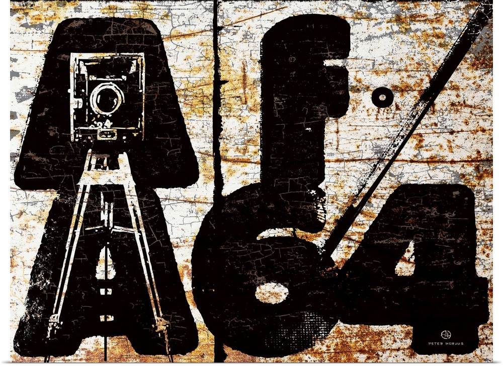 f64 aperture chunky and bold typography with an illustrated 8x10 camera in the letters AA which stands for Ansel Adams and...