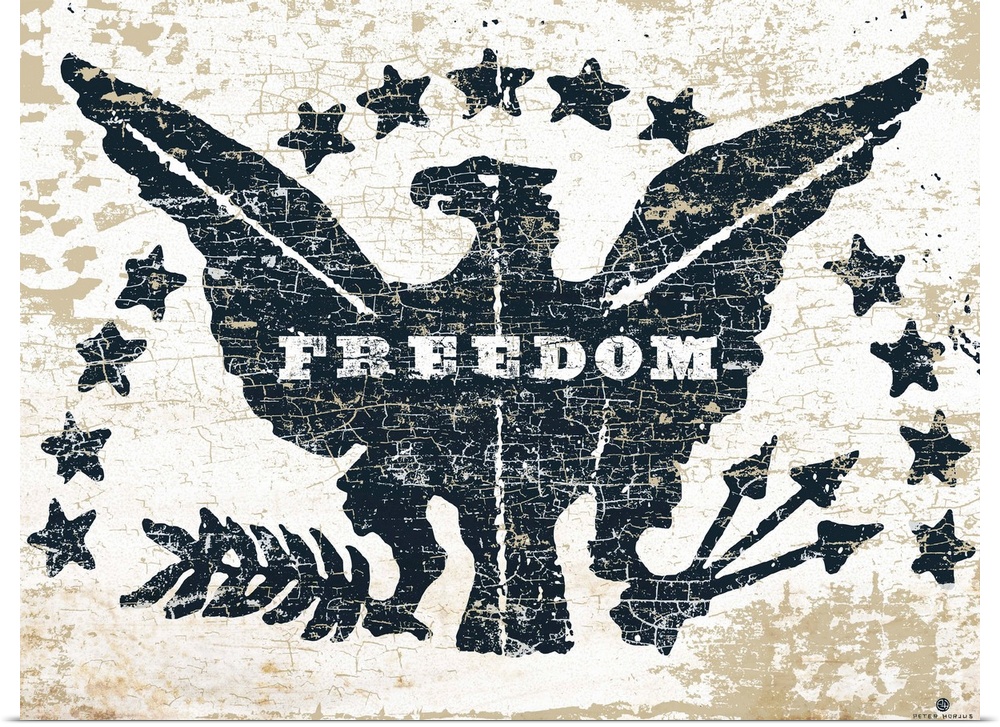Distressed image of an American eagle with the words "Freedom" on a gray and rust background