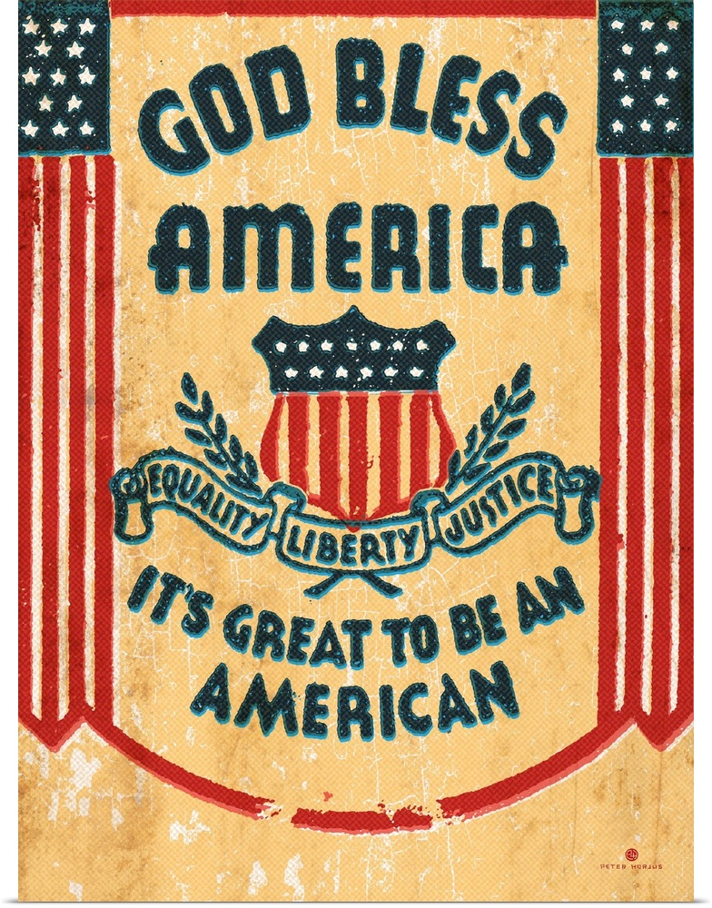 Distressed and retro vintage typography and flags with the saying "God Bless America, It's great to be an American" on a y...