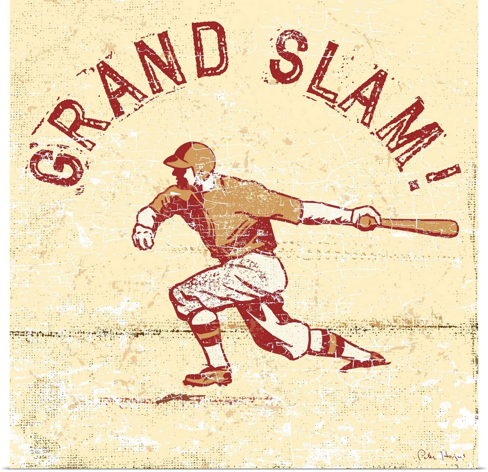 Distressed retro logo image of a baseball player swinging a baseball bat with the words "Grand Slam" above the image.