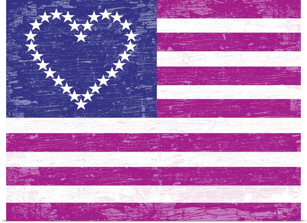 American flag with the stars in the shape of a heart in pink and stripes in violet