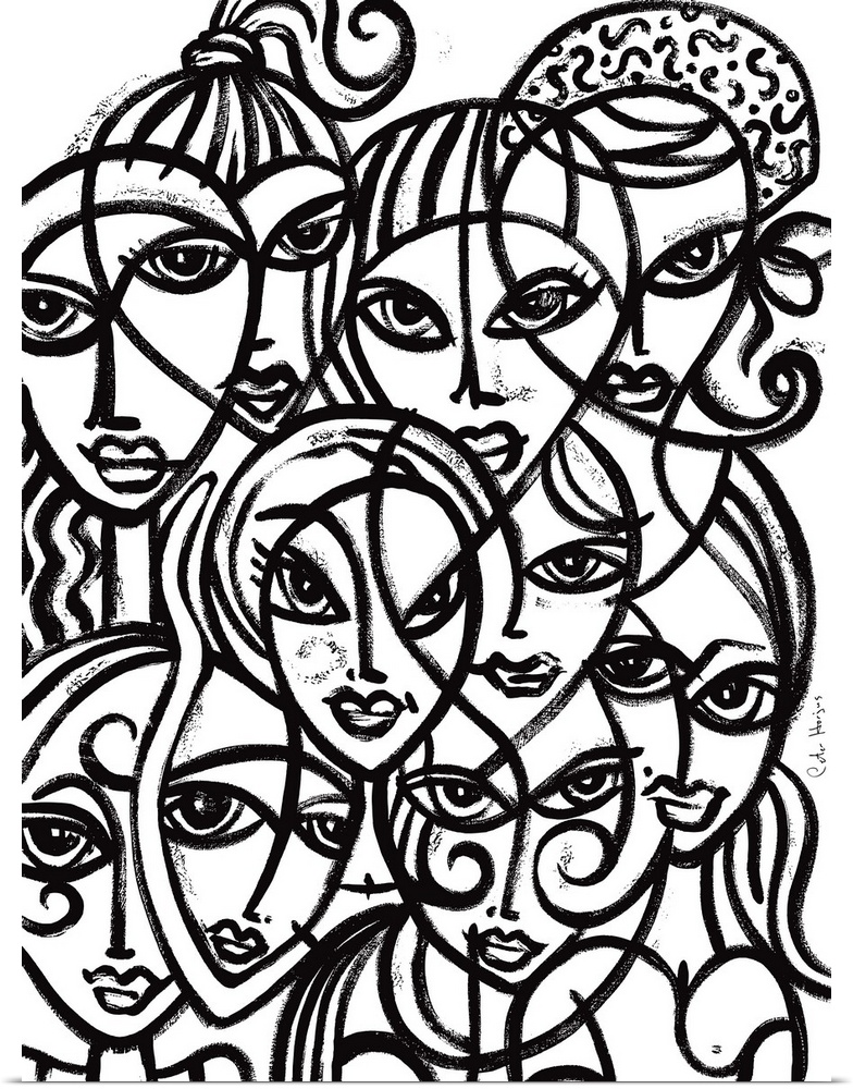 A black and white painting of overlapping fashionable women's faces in thick black painterly lines.