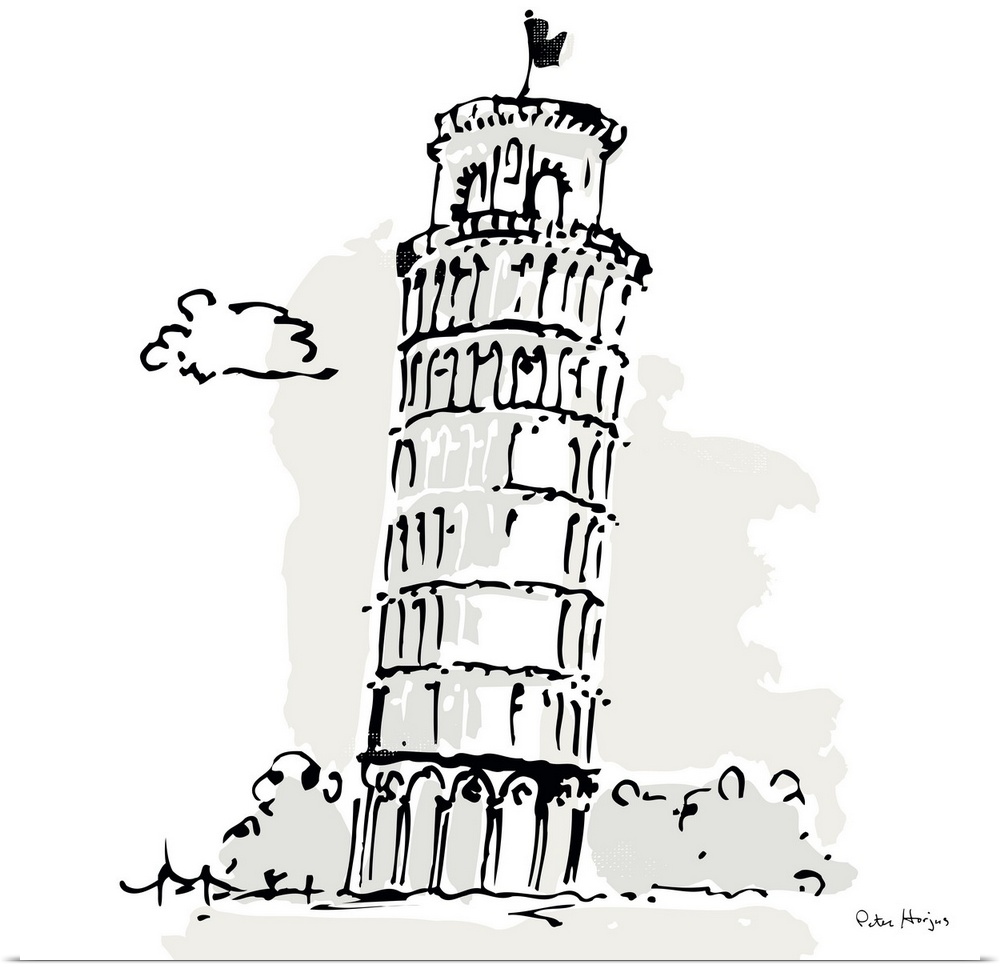 A simple fine line pen and ink illustration wall art with light wash on a white background of the Leaning Tower of Pisa, P...