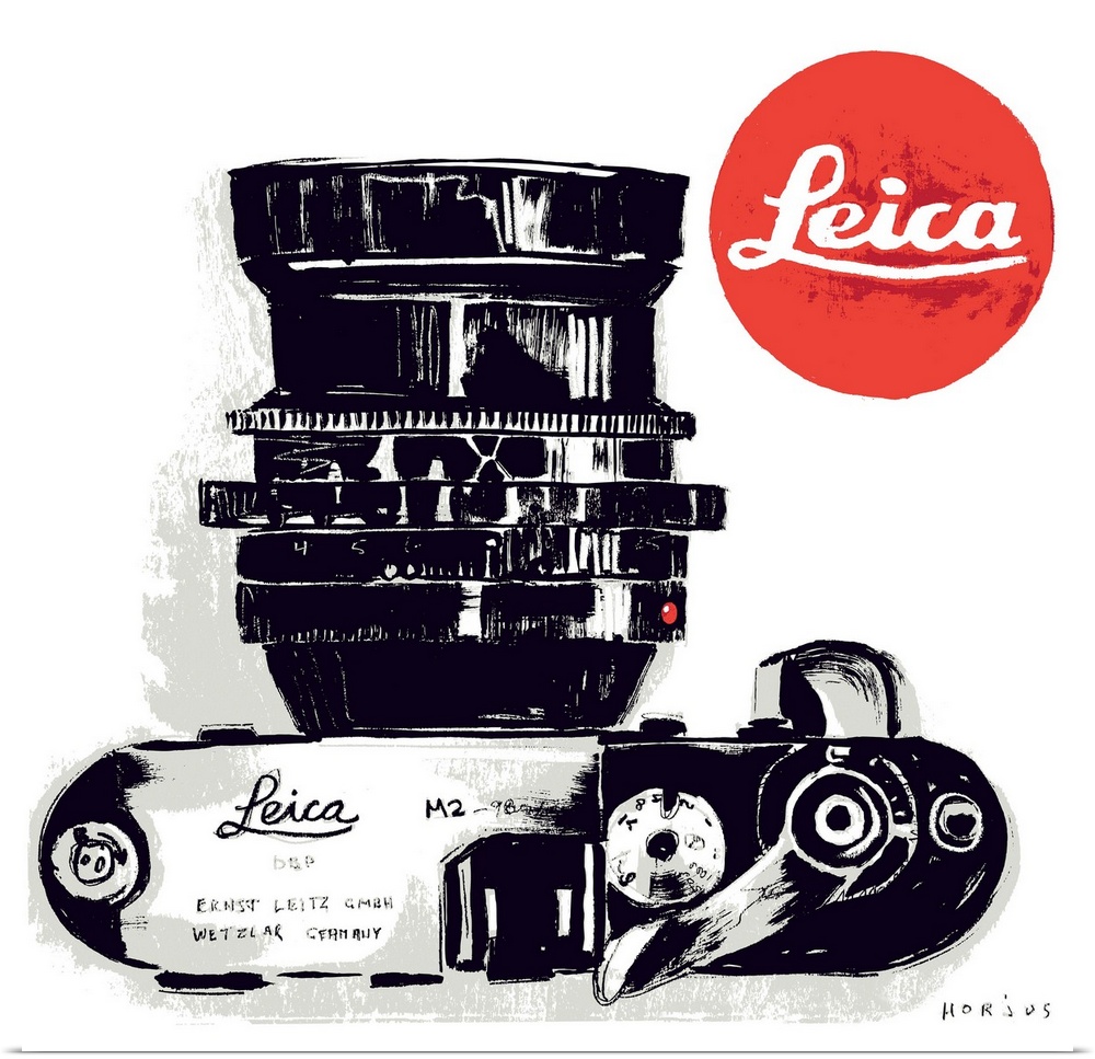 A brush wash painting of a Leica camera with the red dot Leica logo.