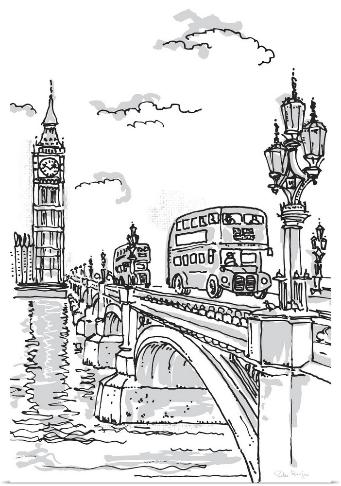 Pen and ink illustration of a London double-decker bus going over the Westminister Bridge with Big Ben and the House of Pa...