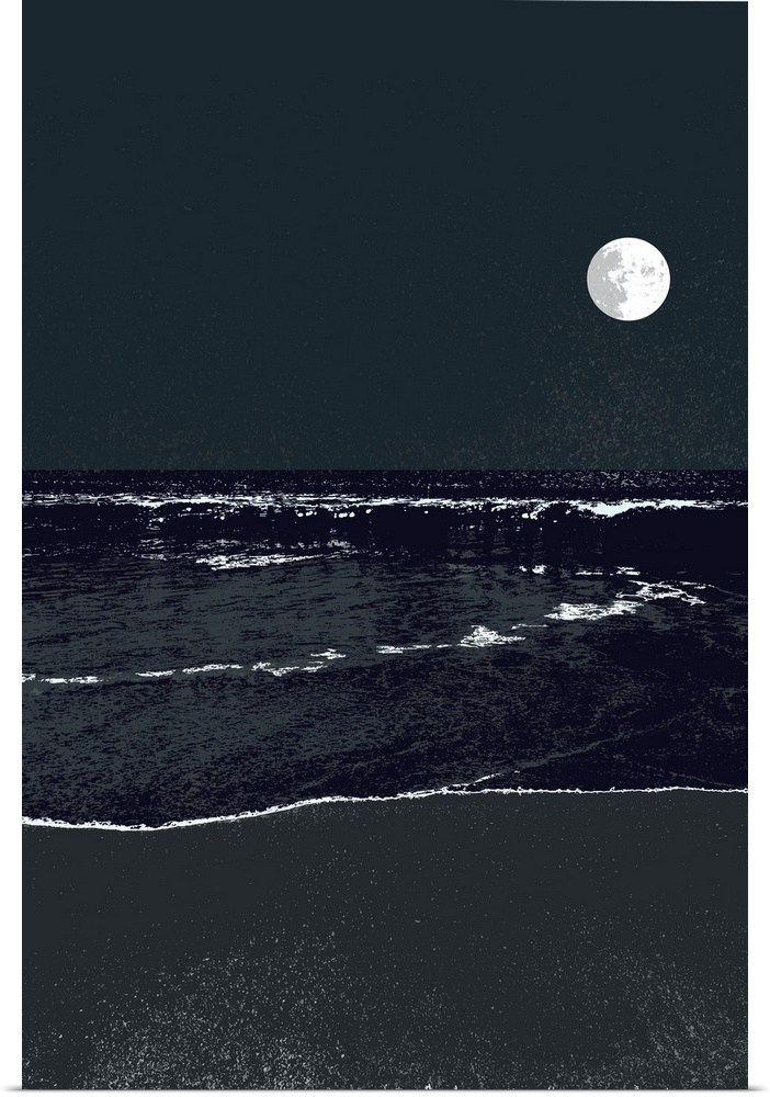 A high contrast graphic image of a nighttime full moonrise over a calm ocean.