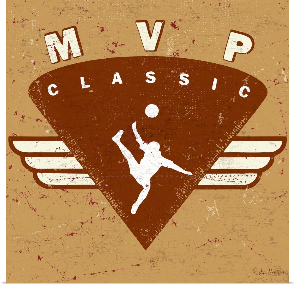 Distressed  soccer logo of soccer player kicking soccer ball with the words MVP Classic.