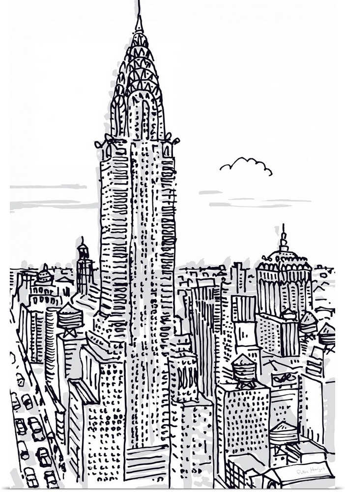 Pen and ink illustration of the skyline of New York City with the Chrysler Building in the foreground.