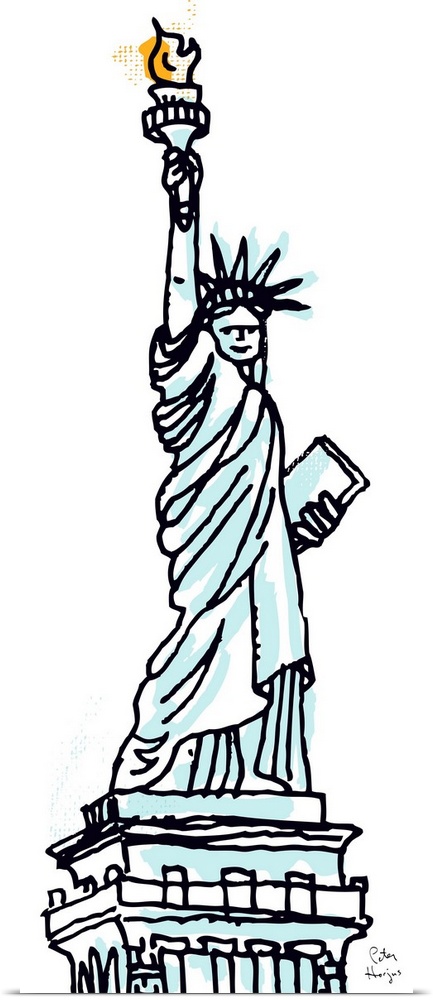 Pen and ink illustration with spot color of the Statue of Liberty in New York City.
