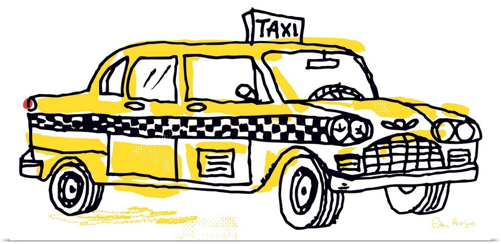 Pen and ink illustration of a yellow vintage New York taxi cab.