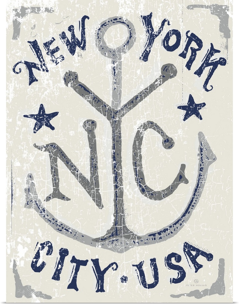 Illustrated vintage, worn artwork of an anchor and typography that reads New York City, USA.