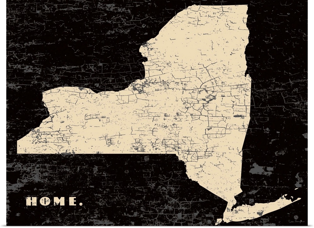 Distressed wall art graphic art of the state of New York with the word home in the lower left corner on a sepia background.