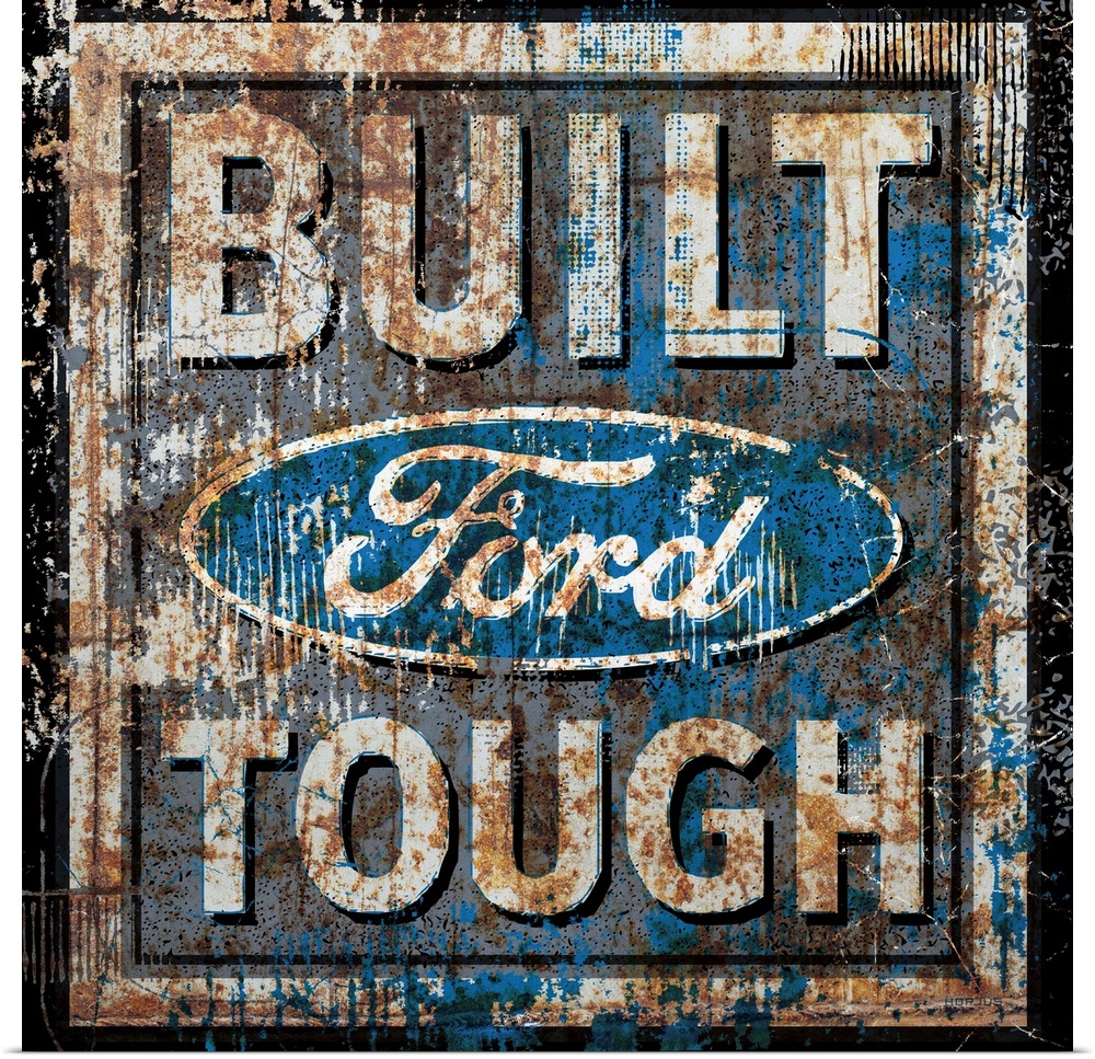 A worn, distressed, cracked and rusty Ford Genuine Parts sign.