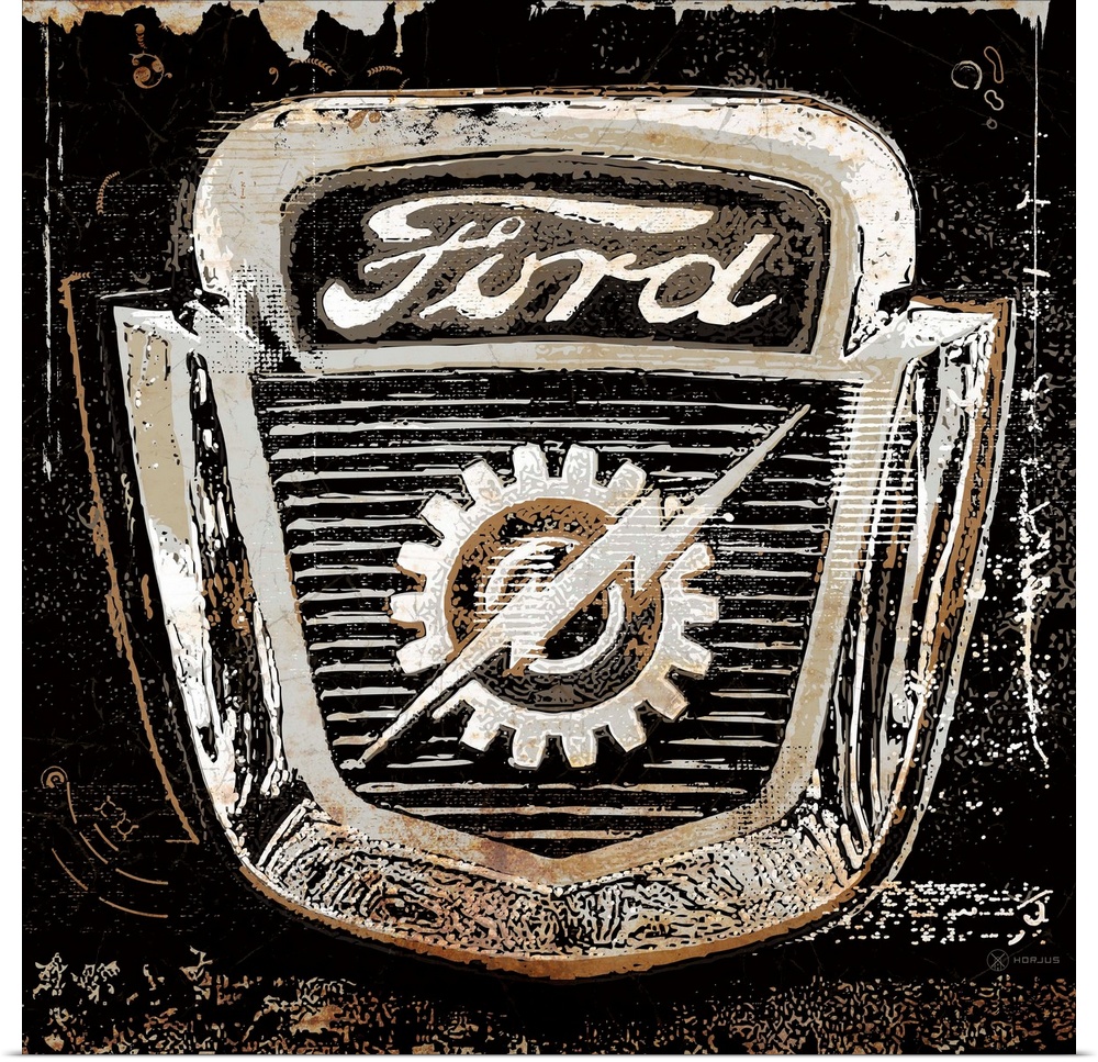 A worn, distressed, cracked and rusty Ford emblem sign on a black background.