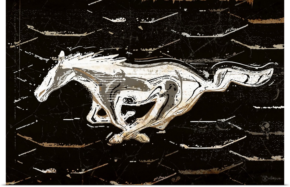 A worn, distressed, cracked and rusty Ford running horse logo graphic.