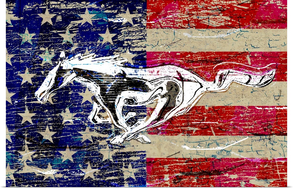 A worn, distressed, cracked and rusty Ford running horse logo graphic with the American Flag superimposed.