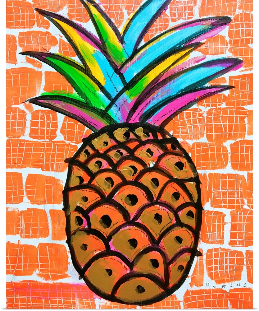 Pineapple painted gold and black with a rainbow burst of colors on the leaves on an orange background.
