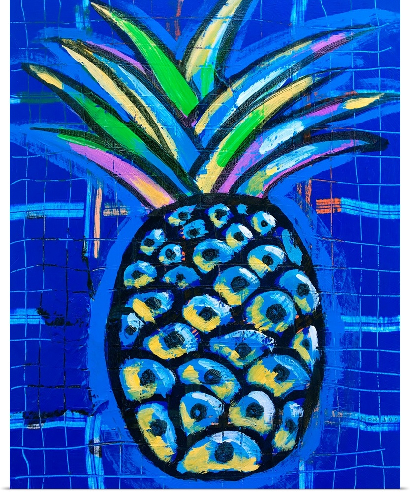 Pineapple painted in vibrant multi-colors on a midnight blue background.