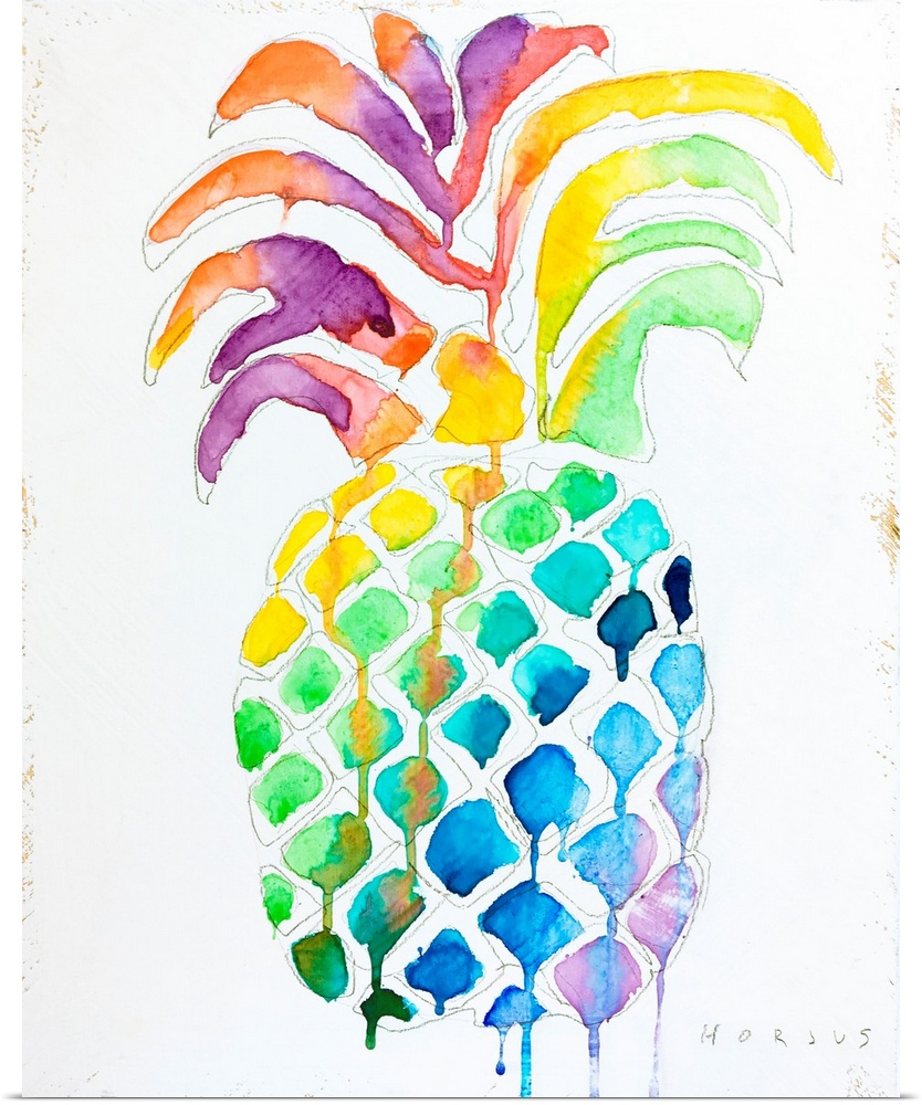 Pineapple with drippy watercolor rainbow colors and patterns on its body and leaves.