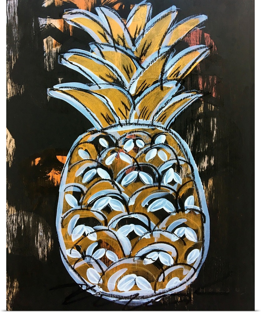 Pineapple painted in an expressionistic style, in white and gold, on a black brushed background.