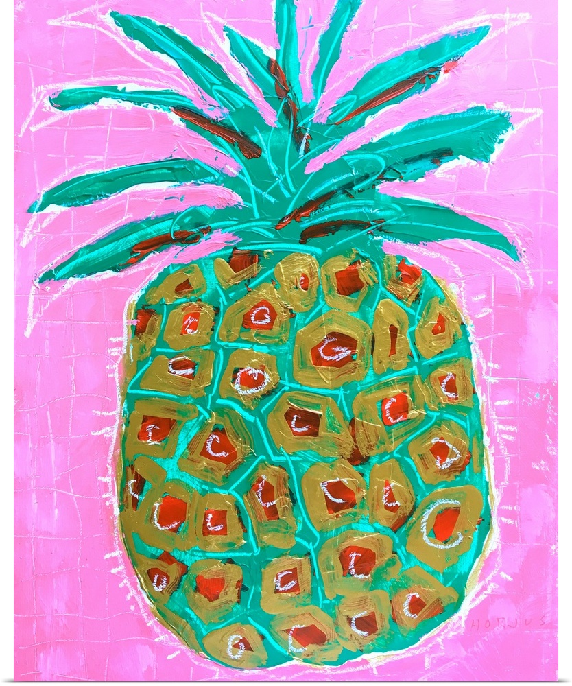 Pineapple painted in bright watercolor colors on a bright pink background.
