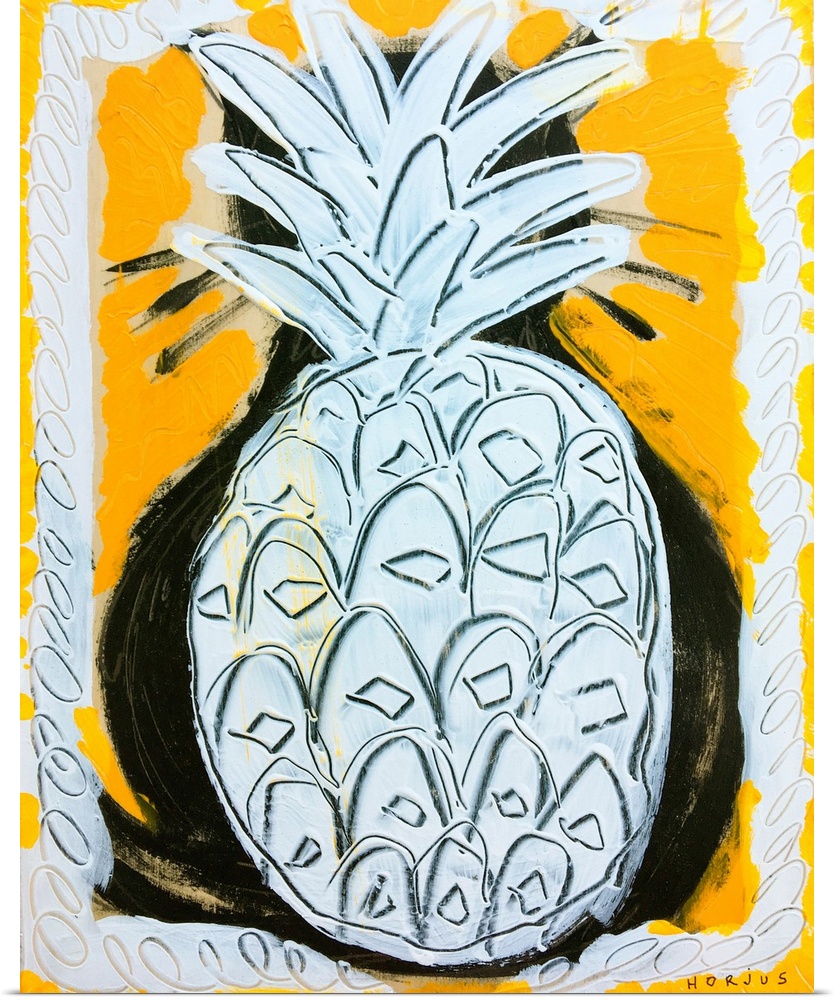 Pineapple painted white for its body and leaves on a yellow graphic background.