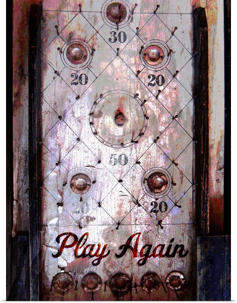 A rustic vintage pinball machine with the words Play Again superimposed at the bottom.