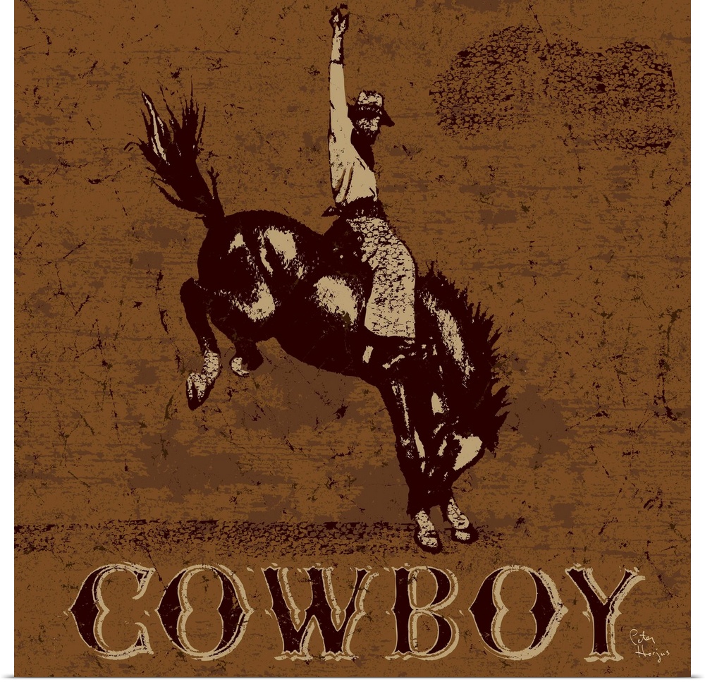 Western cowboy riding a bucking horse with the word "Cowboy" underneath on a textured background.