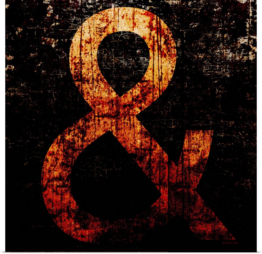 Rusty typography wall art of a large yellow ampersand character on black background.